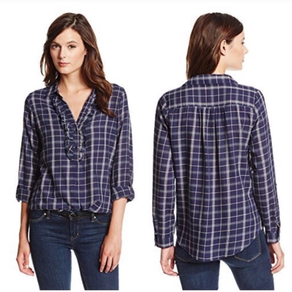 • Joie • Fara Ruffle Plaid Button Down Shirt Navy